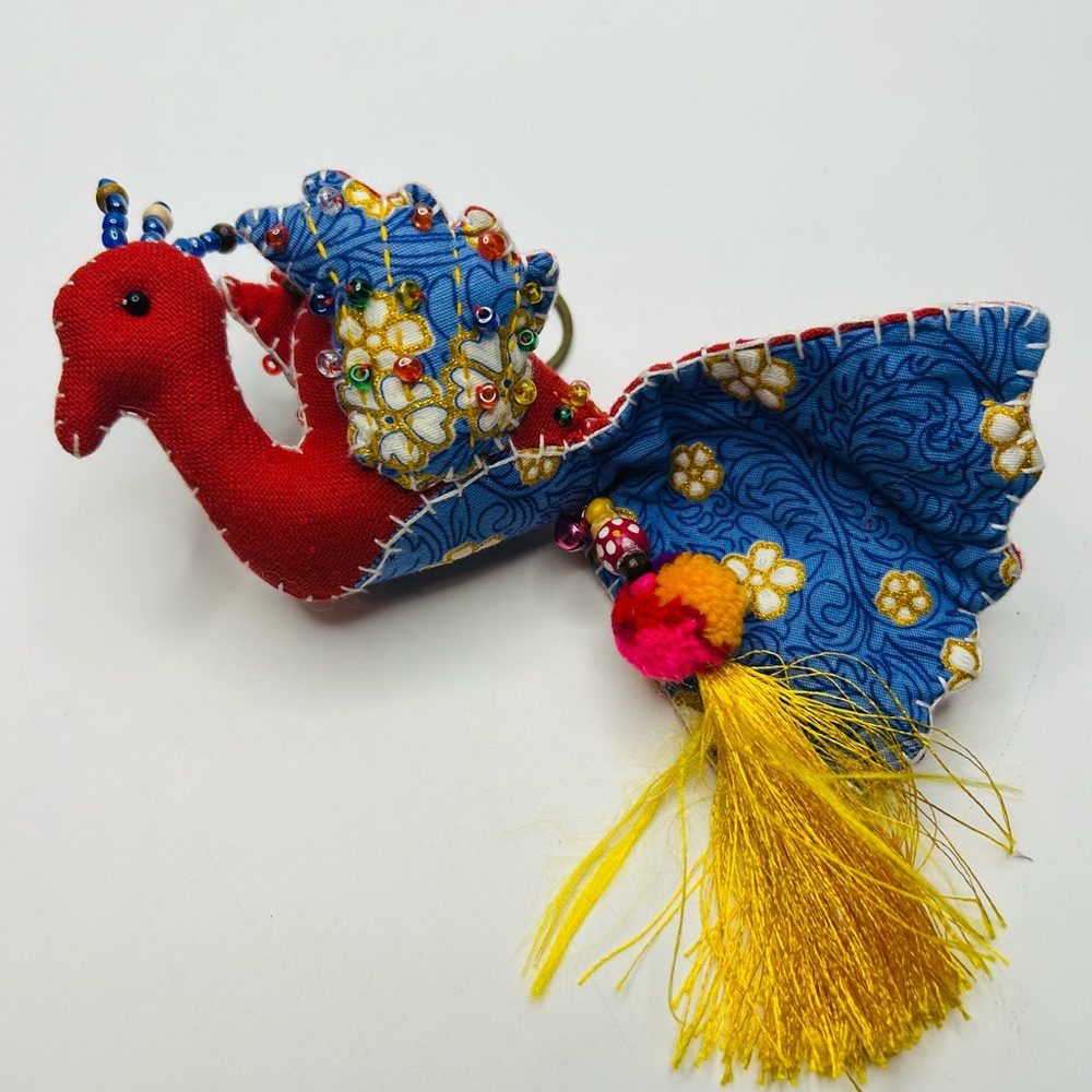 Vibrant handmade Fabric Peacock Bird  key chain/ornament. So much detail.